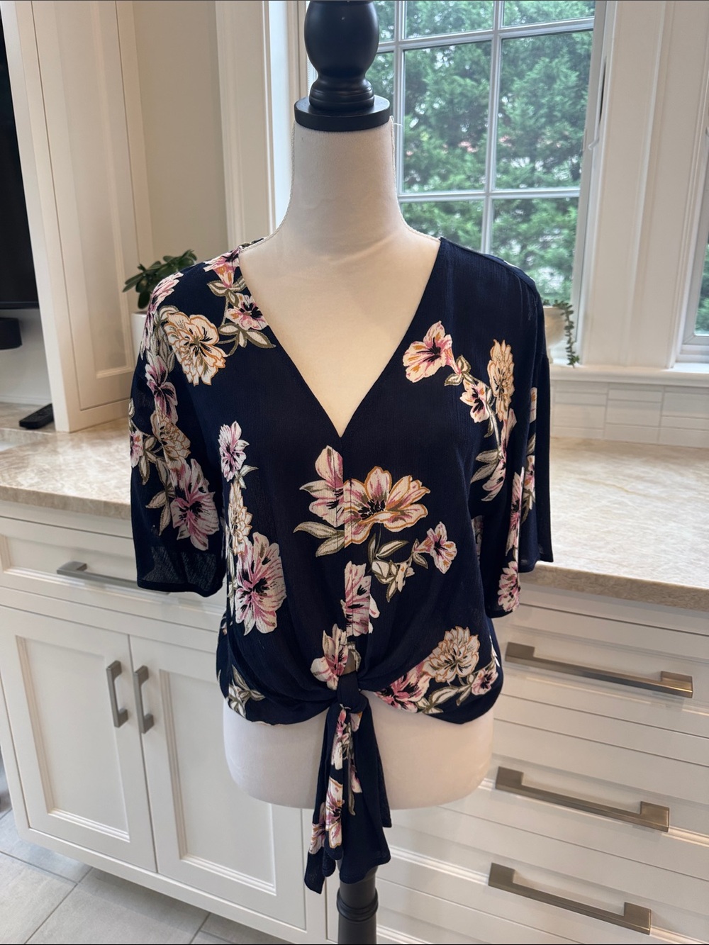 Navy Floral Tie-Front V-Neck Blouse